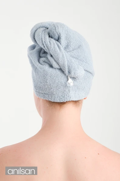 %100 Pamuk Açık Mavi Havlu Bone Saç Kurutma Bonesi Kafa Havlusu Duş Banyo Bonesi Islak Saç Kurulama Bone - Resim 3