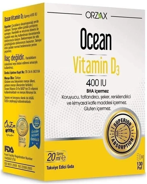 Ocean Vitamin D3 400 IU 20 ml Sprey 130 puff ürün görseli