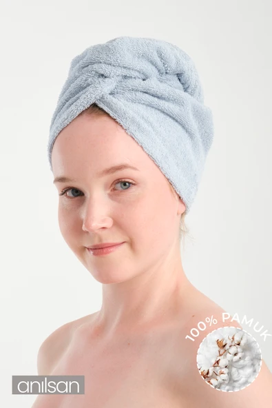 %100 Pamuk Açık Mavi Havlu Bone Saç Kurutma Bonesi Kafa Havlusu Duş Banyo Bonesi Islak Saç Kurulama Bone ürün görseli