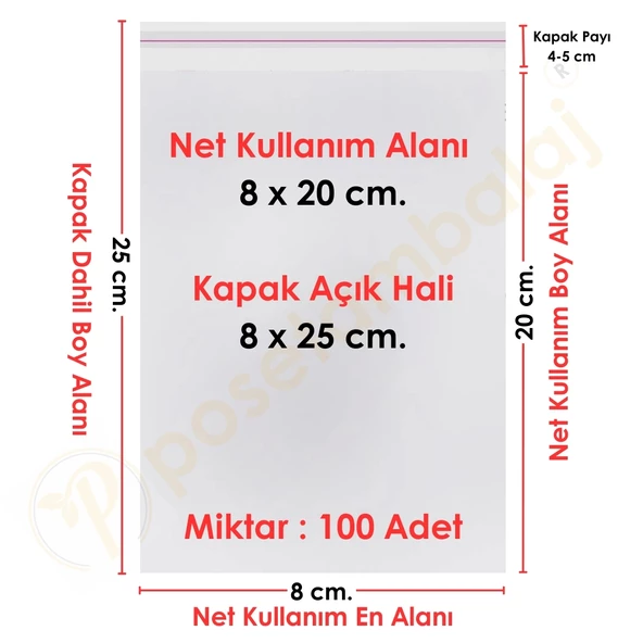 8x20+5 cm. (8x25) 100 Adet - Şeffaf Bantlı Yapışkanlı Jelatin Poşet