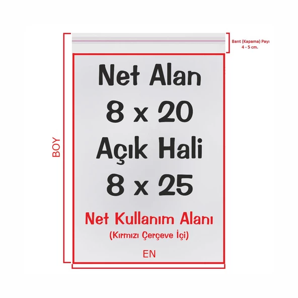 8x20+5 cm. (8x25) 100 Adet - Şeffaf Bantlı Yapışkanlı Jelatin Poşet