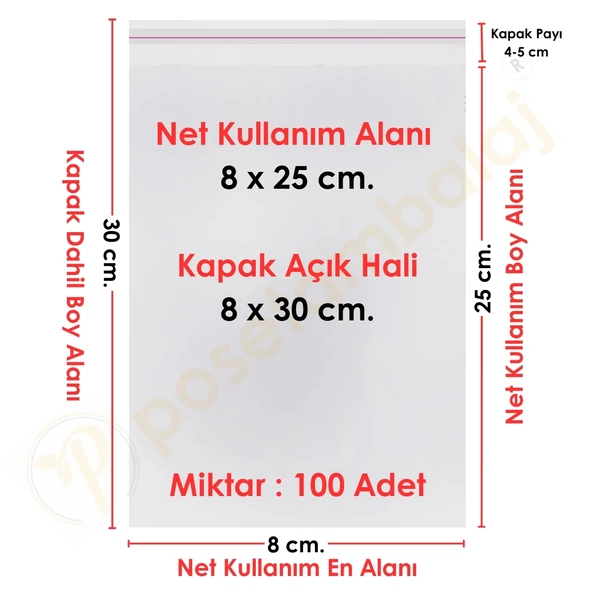 8x25+5 cm. (8x30) 100 Adet - Şeffaf Bantlı Yapışkanlı OPP Jelatin Poşet