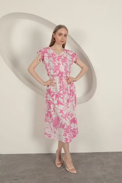 Bürümcük Kumaş Omuz Büzgülü Elbise-Fuşya ürün görseli