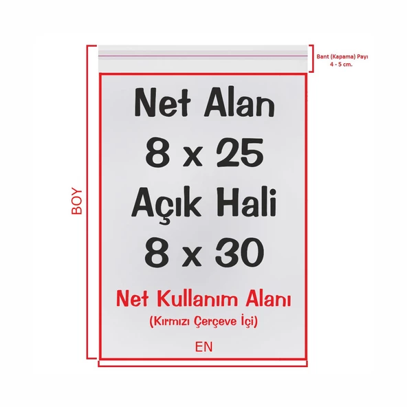 8x25+5 cm. (8x30) 100 Adet - Şeffaf Bantlı Yapışkanlı OPP Jelatin Poşet