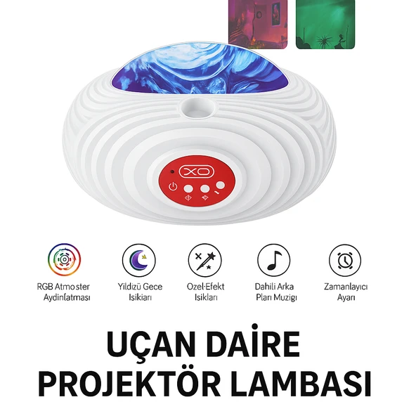RGB Işık Efektli Ufo Tasarım Yıldızlı Gece Projektör Lamba  Bluetooth Hoparlörlü