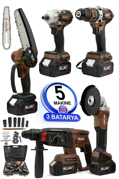 Şarjlı 5 Makine 3 Batarya Akülü Kömürsüz Hilti - Taşlama - Somun Sökme Sıkma - Matkap - Dal Budama