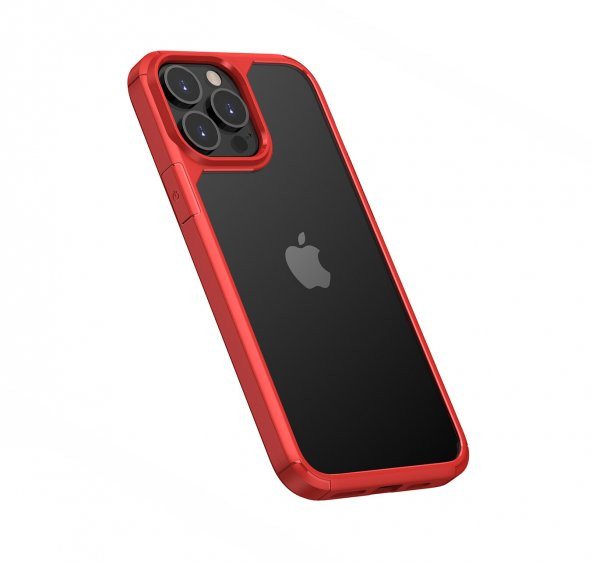 KNY Apple İphone 13 Pro Max Kılıf Renkli Kenarlı Arkası Şeffaf Roll Kapak Kırmızı