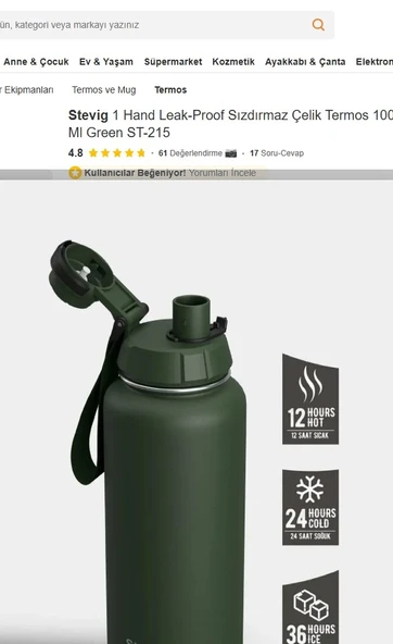 Stevig ST-215 1 Hand Leak-Proof Sızdırmaz Çelik Termos 1000ML Green - 2