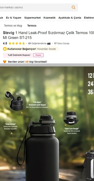 Stevig ST-215 1 Hand Leak-Proof Sızdırmaz Çelik Termos 1000ML Green - 3