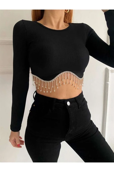 Parlak Taşlı Dikişsiz Crop Bluz Kadın ürün görseli 1