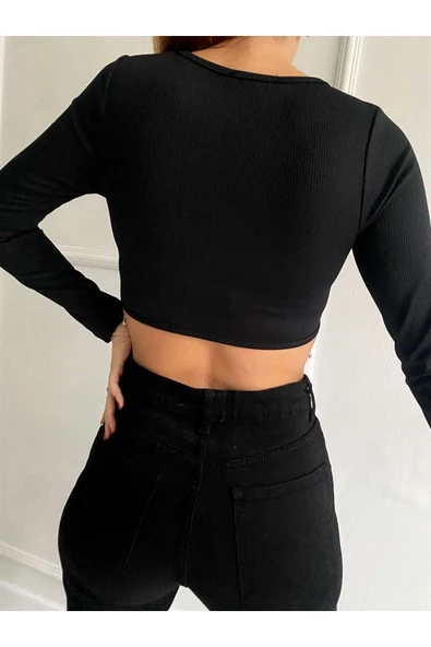 Parlak Taşlı Dikişsiz Crop Bluz Kadın - Resim 3