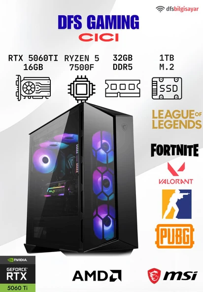 DFS GAMING CICI RYZEN 5 7500F-B650M-RTX 5060 TI 16GB-32GB DDR5 RAM-1TB M.2 SSD-OYUNCU BİLGİSAYARI ürün görseli