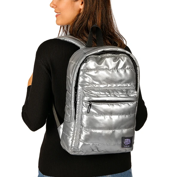Biggdesign Moods Up Calm Kapitone Sırt Çantası Su Geçirmez Hafif Okul ve Laptop Çantası Gümüş Renk - Resim 9