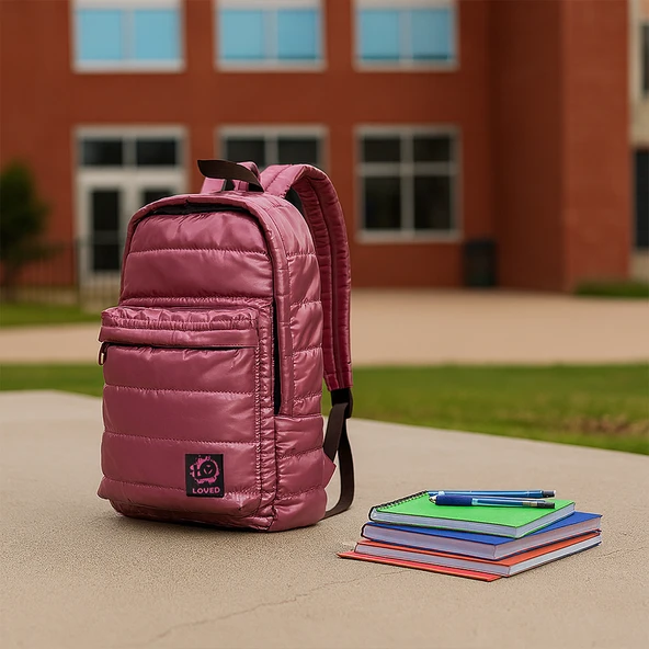 Biggdesign Moods Up Loved Kapitone Sırt Çantası Su Geçirmez Hafif Okul ve Laptop Çantası Pembe - Resim 8