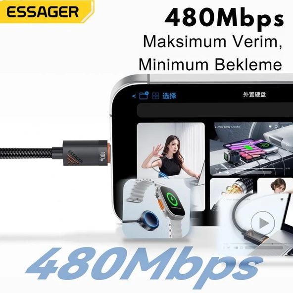 Essager Kopmaz Örgü Kablo 1.2 Mt PD100W  Type C Şarj Kablosu 2x Type C Şarj Kablosu  Veri Aktarım Kablosu - 4