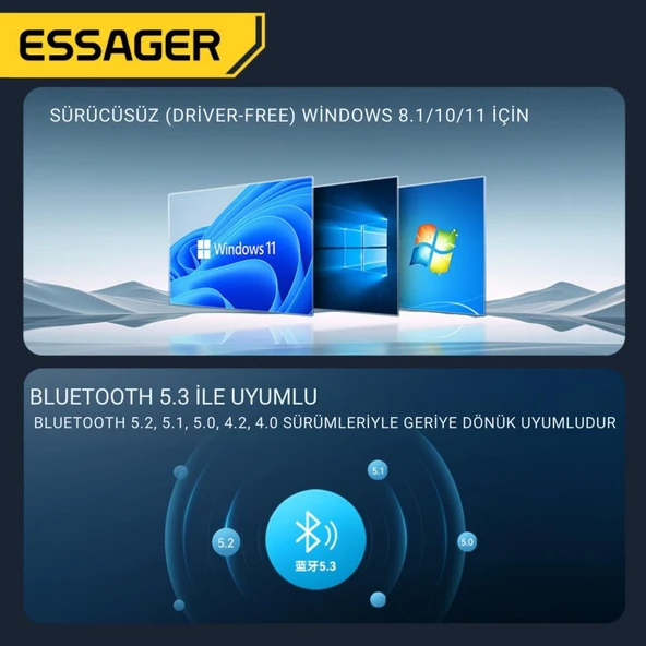 Essager Bluetooth Vers.5.3 USB Bluetooth Adaptör USB Bluetooth 5.3 Wireless Adaptör Tak Çalıştır - 9