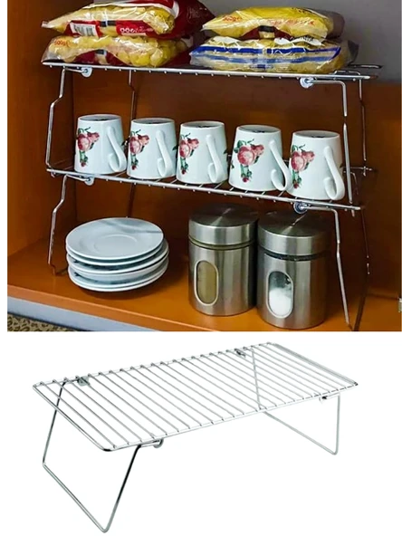 Mucit Home Ayaklı Metal Dolap İçi Tezgah Üstü Kavanoz Kupa Bardak Tel Rafı-Krom