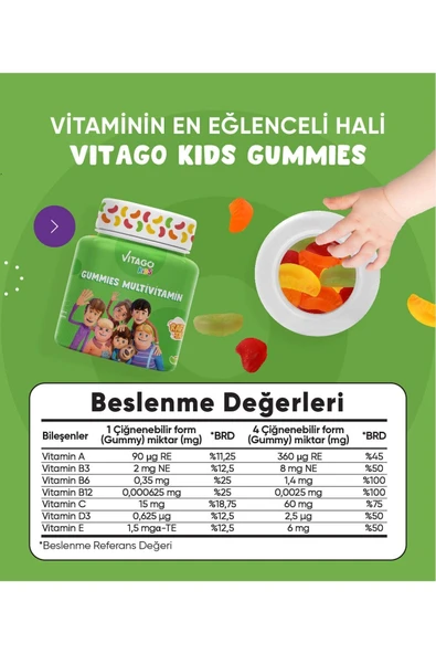 Vitago Kids Gummies Multivitamin Multimineral Içeren 60 Adet Çiğnenebilir Gummy Jel - Resim 3