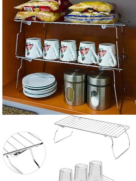 Mucit Home Ayaklı Metal Dolap İçi Tezgah Üstü Kavanoz Kupa Bardak Tel Rafı-Krom - 3