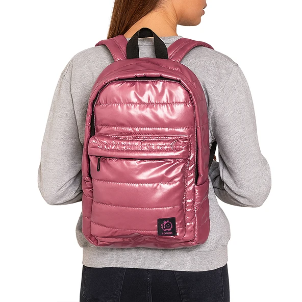 Biggdesign Moods Up Loved Kapitone Sırt Çantası Su Geçirmez Hafif Okul ve Laptop Çantası Pembe - Resim 9