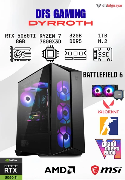 DFS GAMING DYRROTH RYZEN 7 7800X3D-B650M-RTX 5060 TI 8GB-32GB DDR5 RAM-1TB M.2 SSD-OYUNCU BİLGİSAYARI ürün görseli
