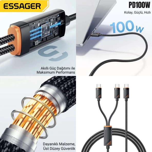 Essager Kopmaz Örgü Kablo 1.2 Mt PD100W  Type C Şarj Kablosu 2x Type C Şarj Kablosu  Veri Aktarım Kablosu - 5