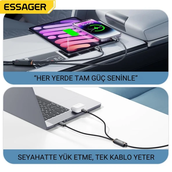 Essager Kopmaz Örgü Kablo 1.2 Mt PD100W  Type C Şarj Kablosu 2x Type C Şarj Kablosu  Veri Aktarım Kablosu - 3