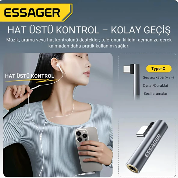 Essager  L Tipi Type-C To 3.5mm Aux Dönüştürücü Type-C To 3.5mm Kulaklık Dönüştürücü Ses Dönüştürücü Kablo - 4