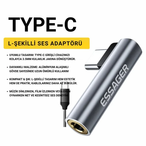 Essager  L Tipi Type-C To 3.5mm Aux Dönüştürücü Type-C To 3.5mm Kulaklık Dönüştürücü Ses Dönüştürücü Kablo - 8