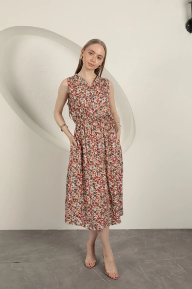 Viskon Çıtır Çiçek Desenli Elbise-Bej ürün görseli