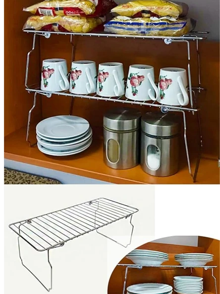 Mucit Home Ayaklı Metal Dolap İçi Tezgah Üstü Kavanoz Kupa Bardak Tel Rafı-Krom - 2