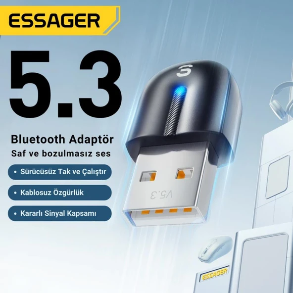 Essager Bluetooth Vers.5.3 USB Bluetooth Adaptör USB Bluetooth 5.3 Wireless Adaptör Tak Çalıştır - 7