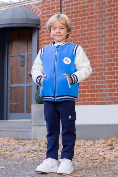 Erkek Çocuk Arma Nakışlı Kolları Suni Deri Kaşe Kolej Ceket MNT25E201