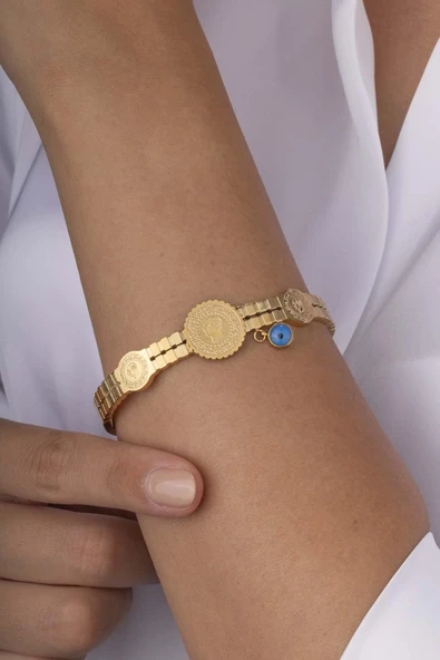 Çeyrek Altın Modeli Üçlü Altın Kaplama Çelik Kadın Kelepçe Bileklik ürün görseli 1