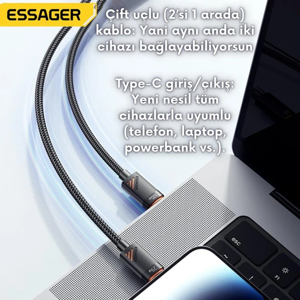 Essager Kopmaz Örgü Kablo 1.2 Mt PD100W  Type C Şarj Kablosu 2x Type C Şarj Kablosu  Veri Aktarım Kablosu - 2