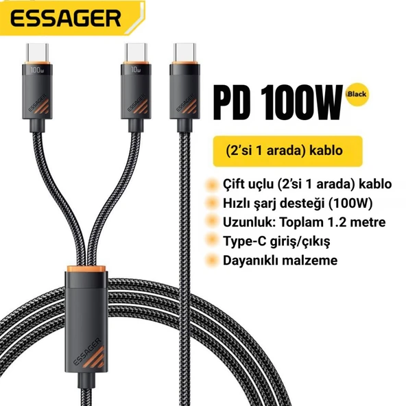 Essager Kopmaz Örgü Kablo 1.2 Mt PD100W  Type C Şarj Kablosu 2x Type C Şarj Kablosu  Veri Aktarım Kablosu
