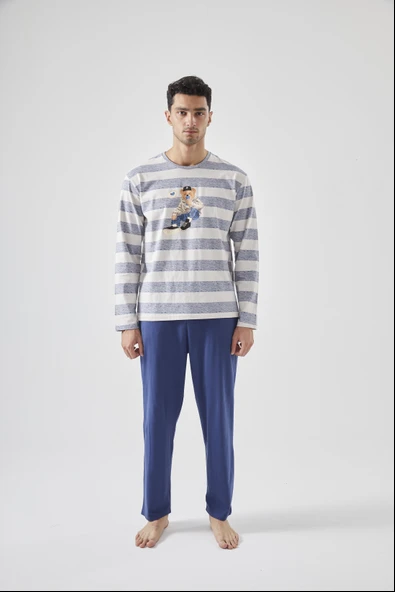 Erkek Pamuklu Uzun Kollu Üst Ayıcık Baskılı Pijama Takımı - Resim 3