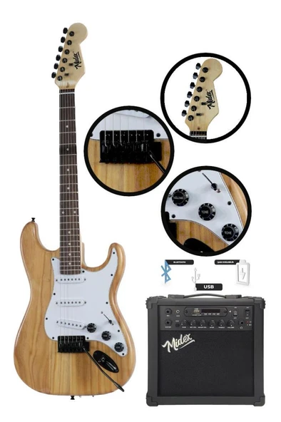 Midex RPH-320WD-25AMP Ahşap Renk Strat Kasa SSS 25W Amfili Elektro Gitar Seti - Resim 3