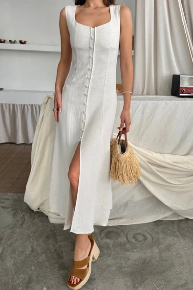 KETEN KOLSUZ KARE YAKA DÜĞME DETAYLI ELBİSE - Beyaz - Resim 2