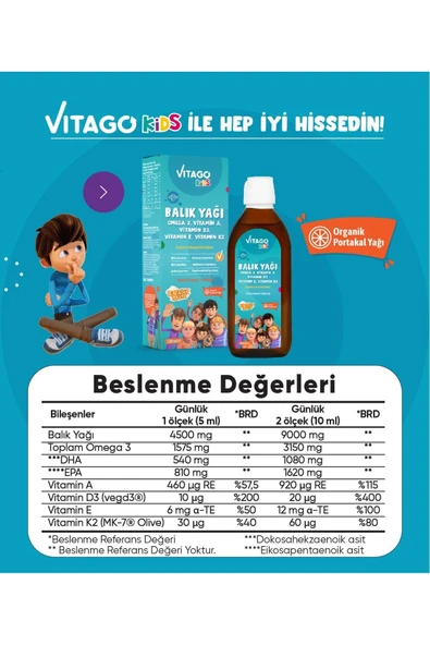 Vitago Kids Balık Yağı Omega 3, Vitamin A, D3, E, K2 Içeren Şurup - 3
