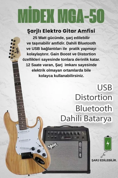Midex RPH-320WD-50AMP Ahşap Renk Strat Kasa SSS 50W Amfili Elektro Gitar Seti - Resim 2