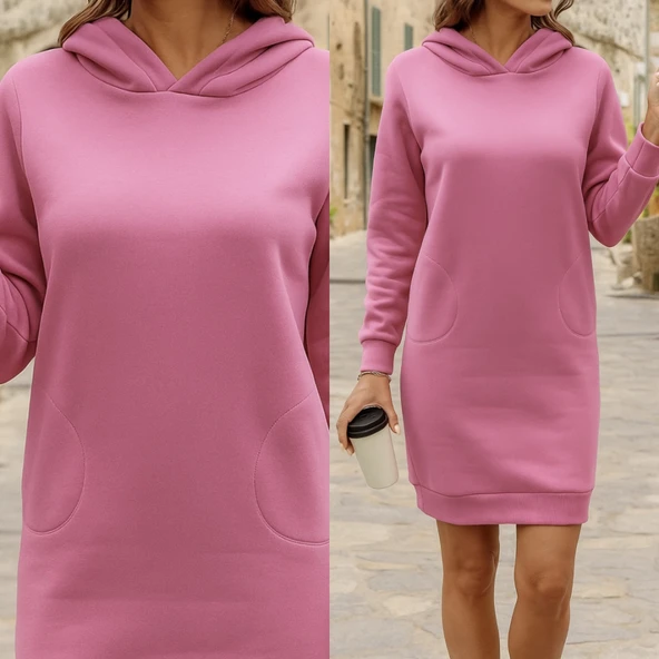 Kadın Uzun Kollu Kapşonlu Kısa Iki Iplik Elbise - Resim 7