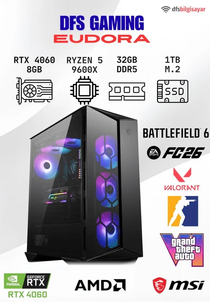 DFS GAMING EUDORA RYZEN 5 9600X-B650M-RTX 4060-32GB DDR5 RAM-1TB M.2 SSD-OYUNCU BİLGİSAYARI ürün görseli