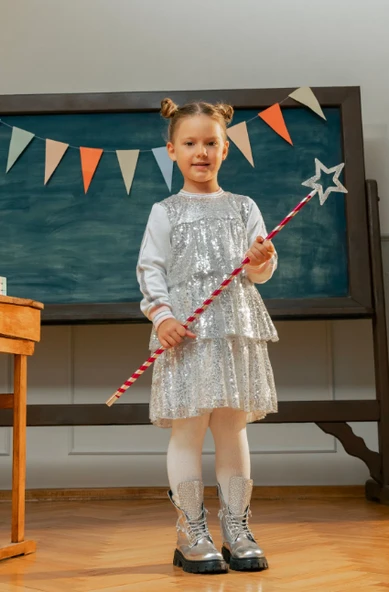 Kız Çocuk Örme Şerit Kollu Payetli Elbise MNT25K232 ürün görseli