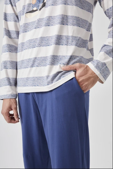 Erkek Pamuklu Uzun Kollu Üst Ayıcık Baskılı Pijama Takımı - Resim 5