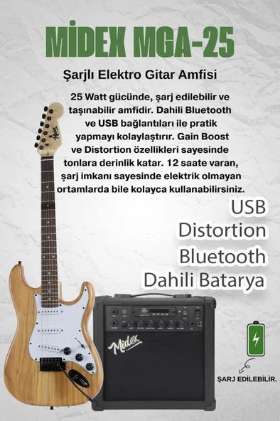 Midex RPH-320WD-25AMP Ahşap Renk Strat Kasa SSS 25W Amfili Elektro Gitar Seti - Resim 2