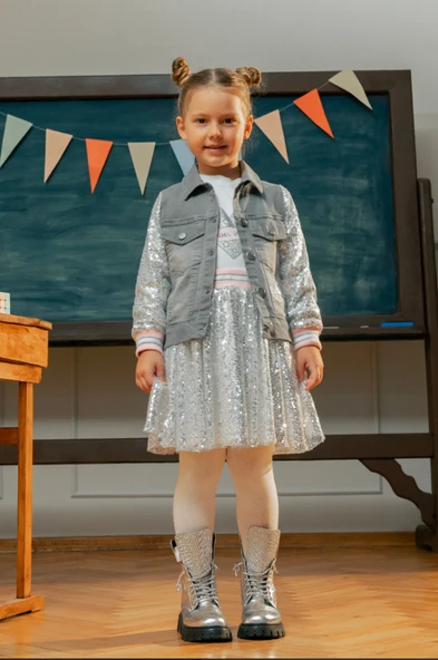 Kız Çocuk Kolları Pul Payetli Nakışlı Denim Ceket MNT25K236 ürün görseli