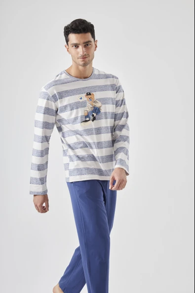 Erkek Pamuklu Uzun Kollu Üst Ayıcık Baskılı Pijama Takımı - Resim 2