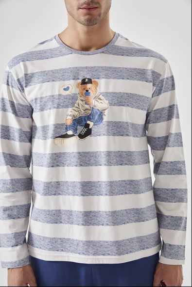 Erkek Pamuklu Uzun Kollu Üst Ayıcık Baskılı Pijama Takımı - Resim 4
