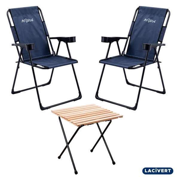 2 Adet Katlanır Kamp Sandalyesi ve Masa Seti - Rest - Lacivert - 130 KG Taşıma ürün görseli